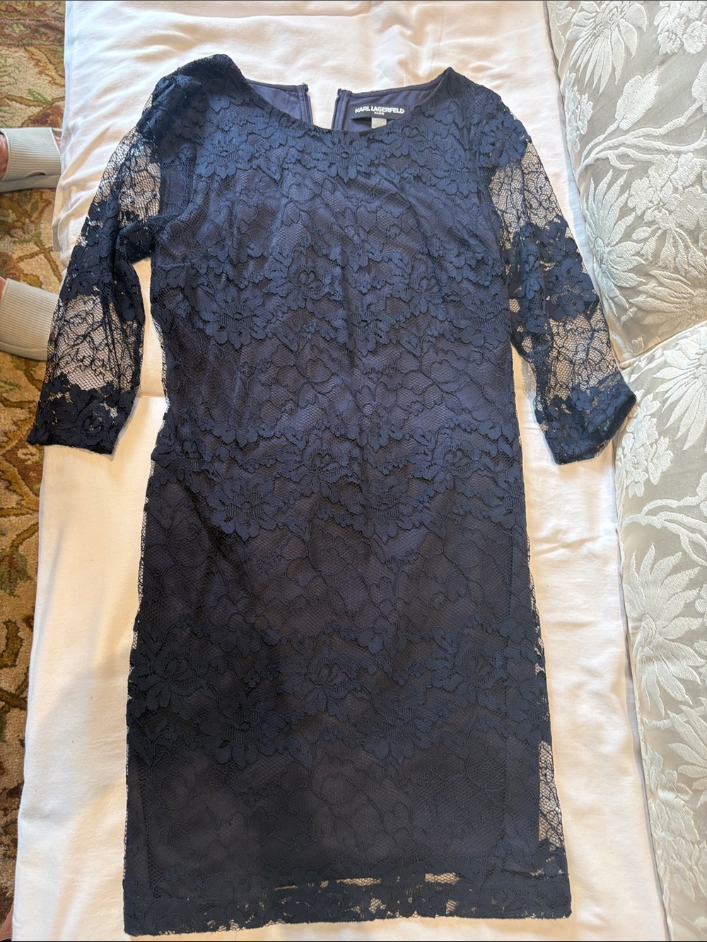 Karl Lagerfeld size 10 lace navy blue knee length dress 3/4 sleeves